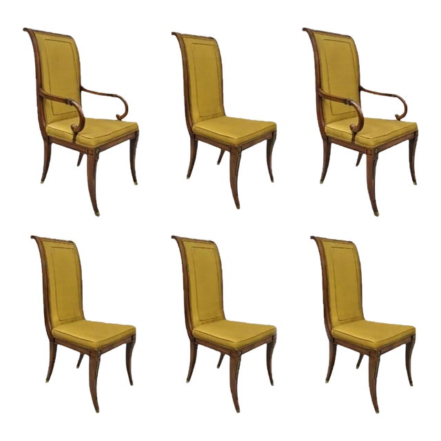 Mid 20th Century Karges French Regency Style Klismos Saber Leg Walnut Dining Chair - Set of 6 For Sale