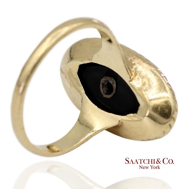 Metal 14k Solid Yellow Gold Oval Black Onyx and Diamond Ring, Size 4.5 For Sale - Image 7 of 12