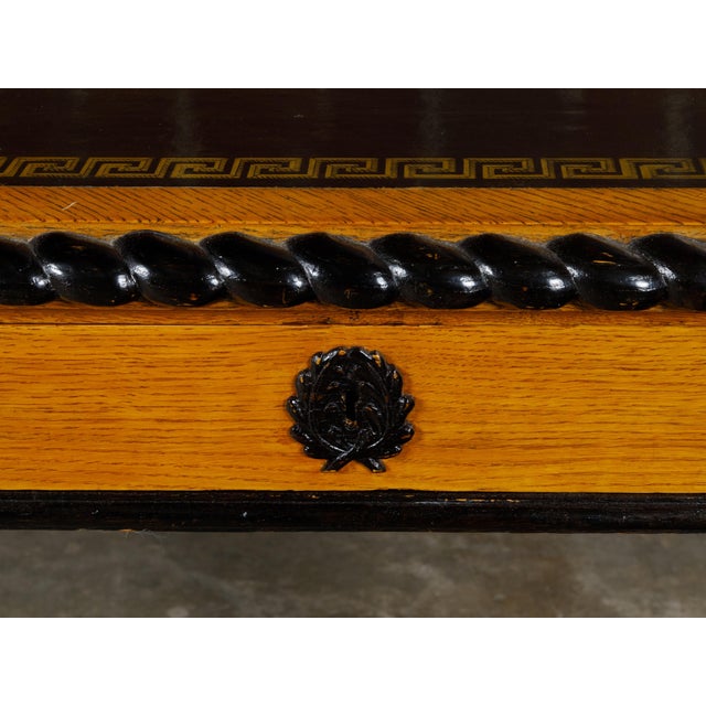 Wood English 19th Century Oak Desk with Ebonized Accents and Gilded Greek Key Frieze For Sale - Image 7 of 10