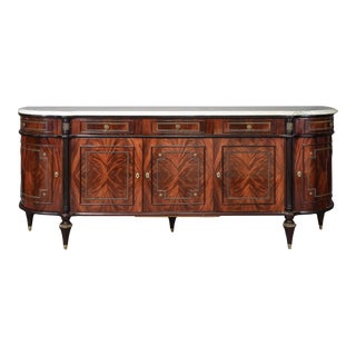 French Louis XVI Style White Marble Top Mahogany Credenza Sideboard - Mid 20th C For Sale