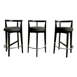 Set of 3 Attributed Pace Collection Bar Stools — Black Lacquer & Chrome — Made in Italy For Sale