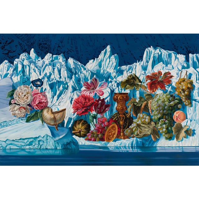 Still Life for a Human Epoch by Robin Hextrum | Oil on Canvas Still life with flowers, fruits, and artifacts. For Sale