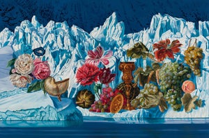 Still Life for a Human Epoch by Robin Hextrum | Oil on Canvas Still life with flowers, fruits, and artifacts.