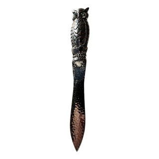 Art Deco Gem Set Owl Letter Opener in Silver Plate, 1930s For Sale