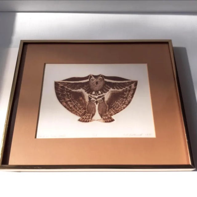 Mid-Century Modern 1975 Elaine B. Rothwell Original Etching "Two or Three Owls" - Framed 1/25 First Impression For Sale - Image 3 of 8