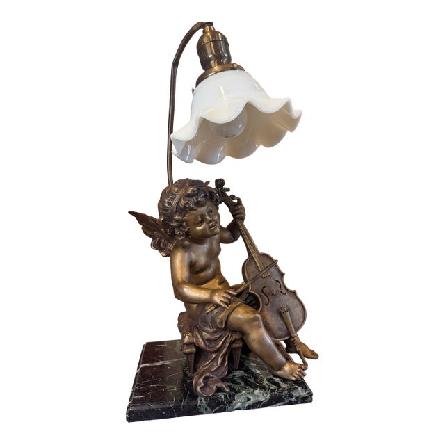 Late 19th Century Bronze-Finished Cherub Playing Violin Table Lamp With Marble Base. For Sale