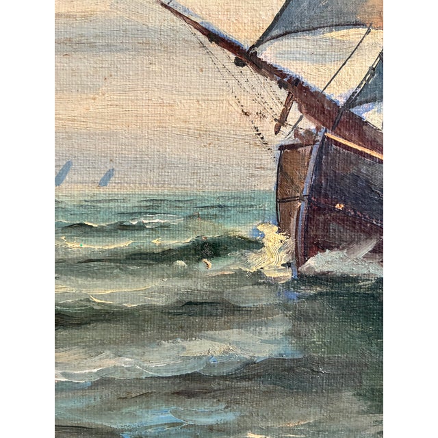 Vintage Signed Sailing Ship Seascape Oil Painting For Sale - Image 6 of 13