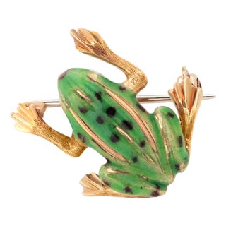 18k Yellow Gold Vintage 3d Frog Brooch With Green Spotted Enamel Details Status:Published - Marketplace For Sale