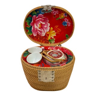 Vintage Chinese Tea Set in Wicker Basket For Sale