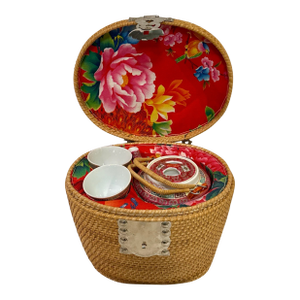 Vintage Red Chinoiserie Tea Set in Rattan Traveling Basket