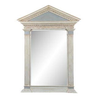 Mid Century Swedish Gustavian Style Trumeau Mirror in Linen White and Chambray Blue - Newly Painted For Sale
