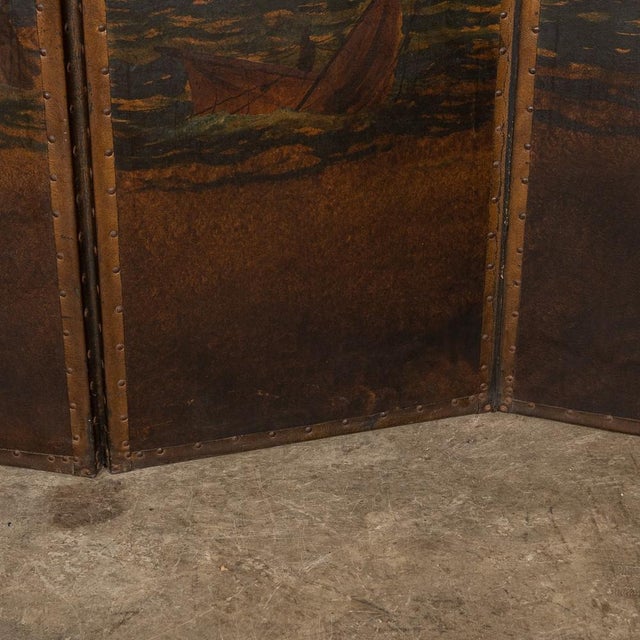 20th Century Oil Painted on Leather Room Screen, 1920s For Sale - Image 16 of 18
