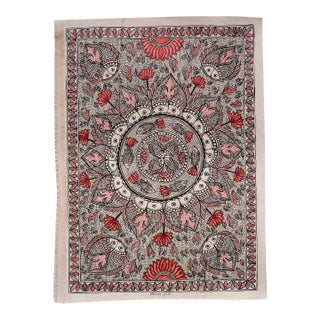 Mamta Devi, 2016 National Award Winner, Hand-Painted Madhubani Folk Painting on Canvas, Fish Mandala, Lotus Flowers & Peacock Motifs, Indian Artwork For Sale