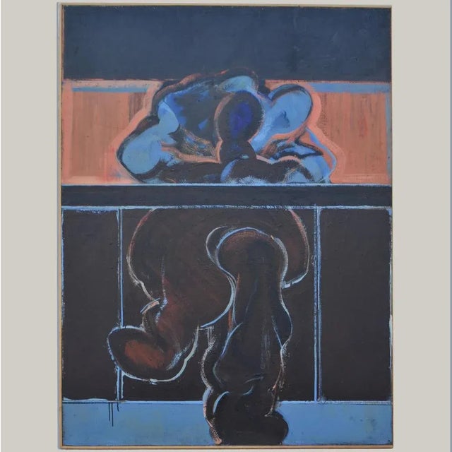 The abstract life painting of a seated figure by John Kaine 1960's was executed in acrylic paint on board framed with pine...