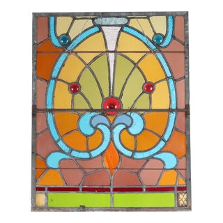 Vintage Art Nouveau Vivid Stained Glass Hanging Panel For Sale