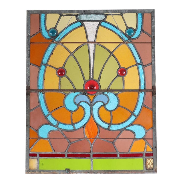 Vintage Art Nouveau Vivid Stained Glass Hanging Panel For Sale