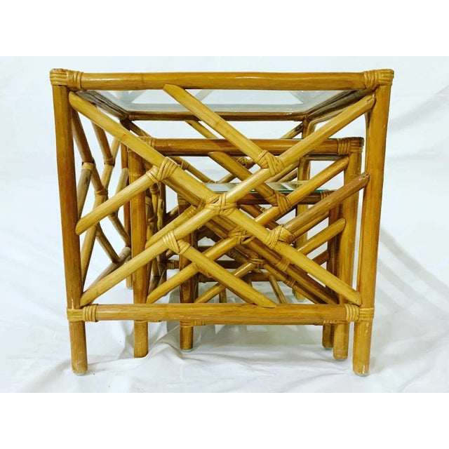Chinoiserie Chippendale Bamboo Rattan Nesting Tables - Set of 3 For Sale - Image 3 of 13