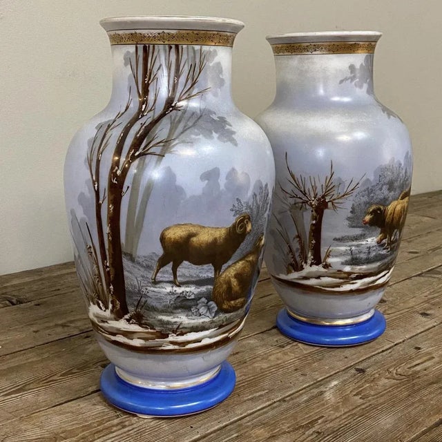 Beaux-Arts Antique Hand-Painted Opaline Vases - a Pair For Sale - Image 3 of 13