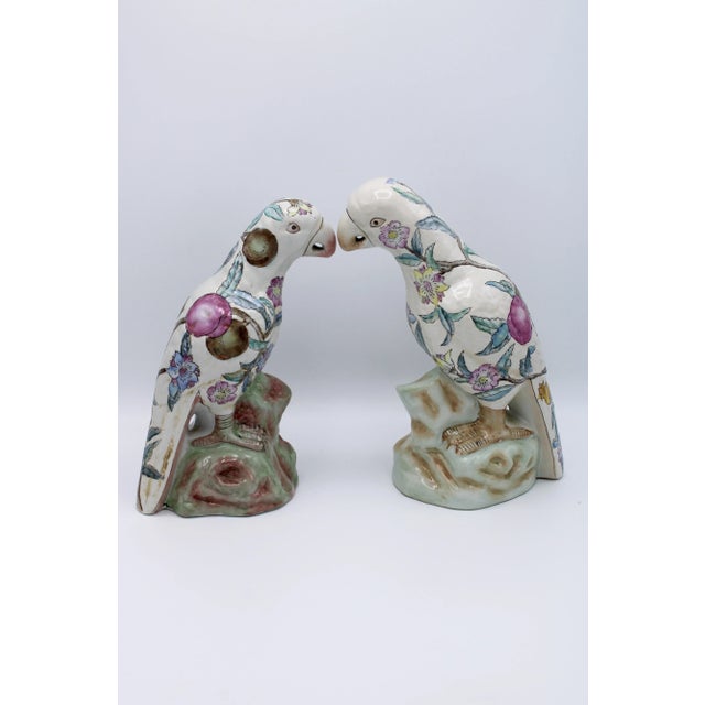 Mid 20th Century Large Mid Century Famille Rose Chinese Export Parrot Figurines - Set of Two For Sale - Image 5 of 12