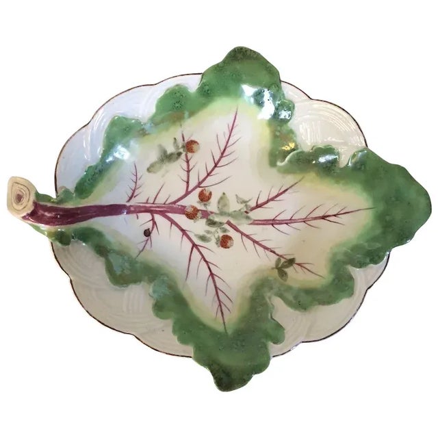 1755 Antique Georgian Chelsea Porcelain Cabbage Leaf Dish Plate with Basketweave Border For Sale - Image 11 of 11