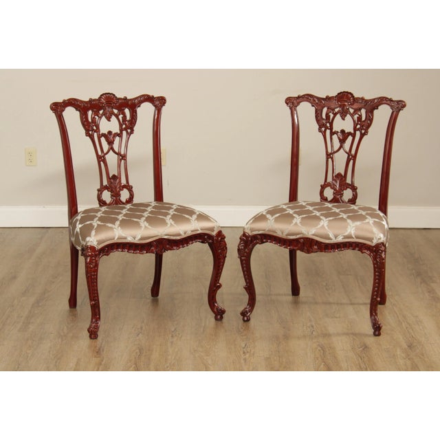 High Quality Pair of Ornate Foliate Carved Solid Wood Frame Side Dining Chairs with Custom Upholstered Seats