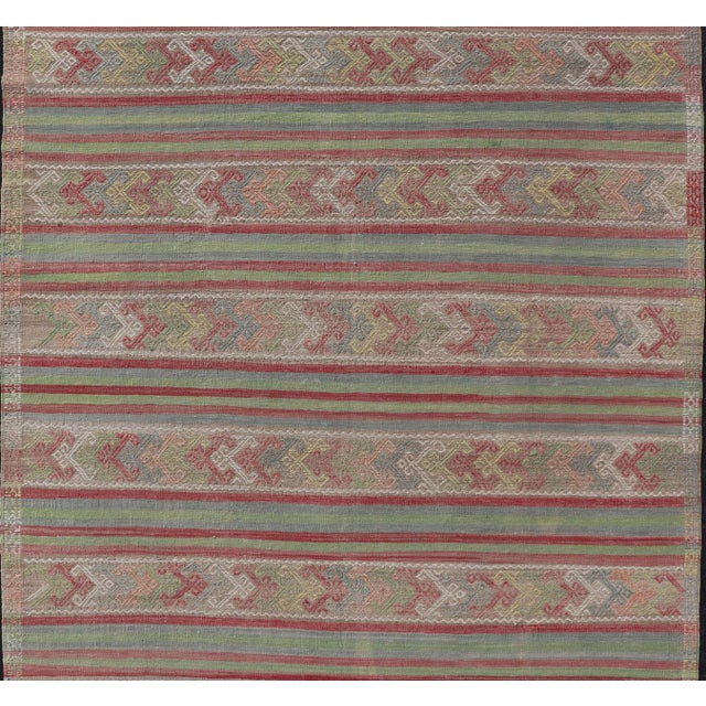 Colorful Vintage Embroidered Kilim With Stripes and Alternating Geometric Motifs For Sale - Image 10 of 12