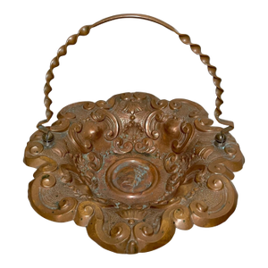 Antique Ornate Hand Tooled Hammered Footed Copper Centerpiece Fruit Bowl Basket