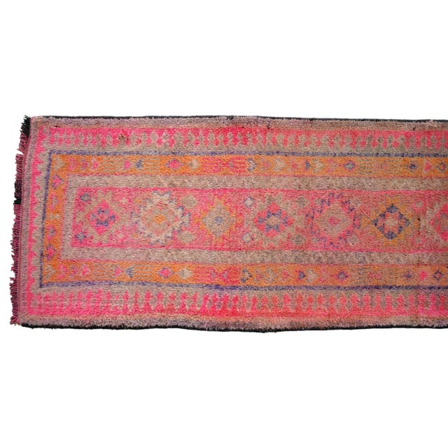 Hand-Knotted Turkish Kurdish Rug Pink Runner. High Pile Tribal Short Runner 2′8″ × 10′2″ For Sale - Image 9 of 12