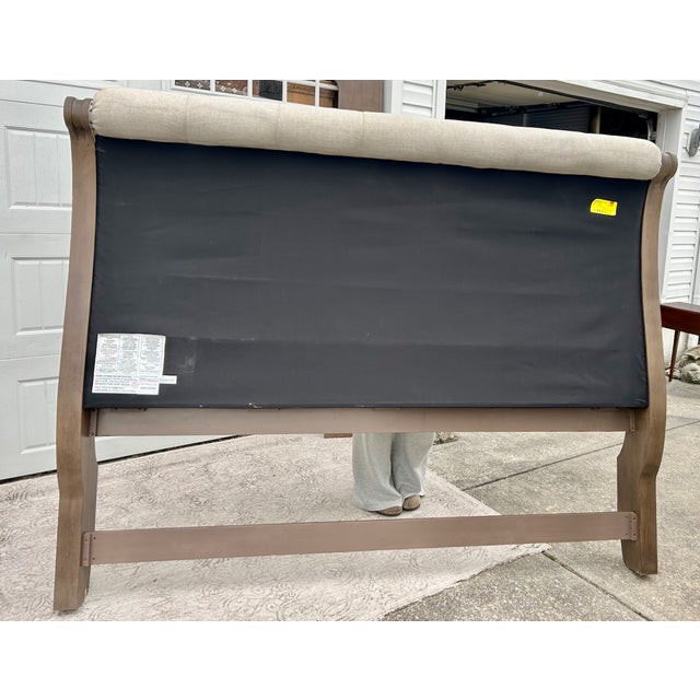 Transitional Wood King Sleigh Bed Vintage Transitional Style Tufted Upholstered Linen Taupe For Sale - Image 3 of 15