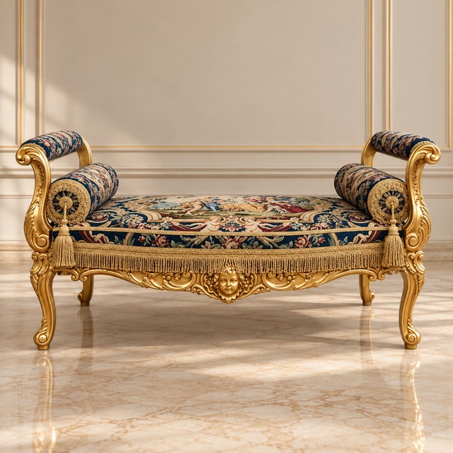 This exquisite French-style Rococo settee features an elaborately carved frame finished in gold leaf, creating an...
