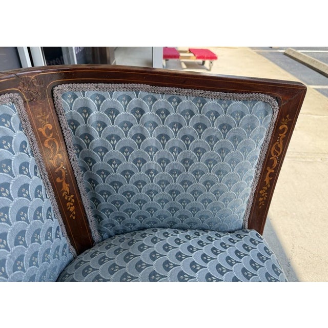 Early 20th Century Inlaid Barrel Back Chair With Scalloped Blue Upholstery For Sale - Image 12 of 14