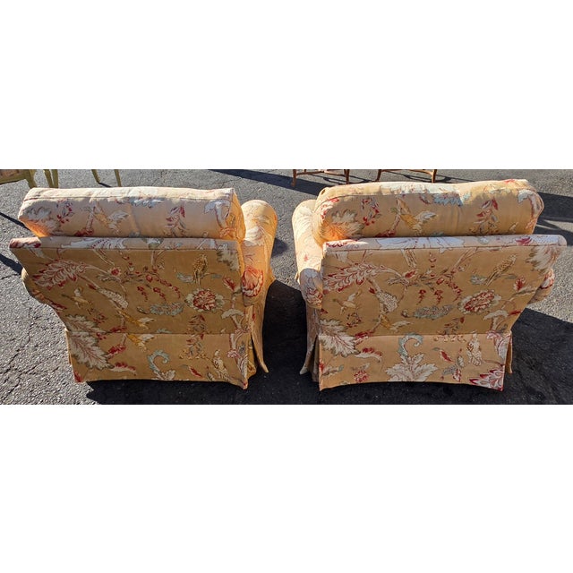 English Pair of English Roll Arm Club Chairs in Mulberry Early Birds Sand Fabric With Skirted Bases, Late 20th Century For Sale - Image 3 of 9
