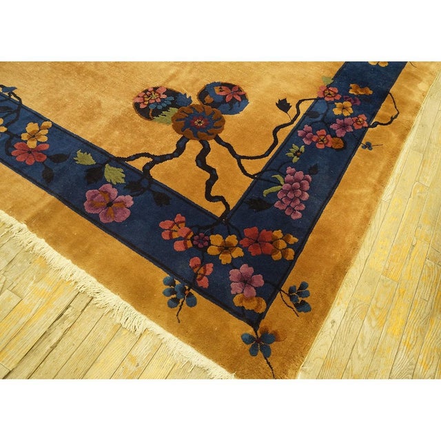 Textile 1920s Gold Floral Medallion Chinese Art Deco Carpet 9' X 11' 7" Knotted Wool Rug For Sale - Image 7 of 10