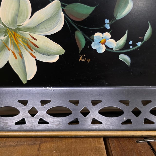 Mid Century Toleware Floral Tray Bar Cart Sever Black Oblong For Sale - Image 9 of 15