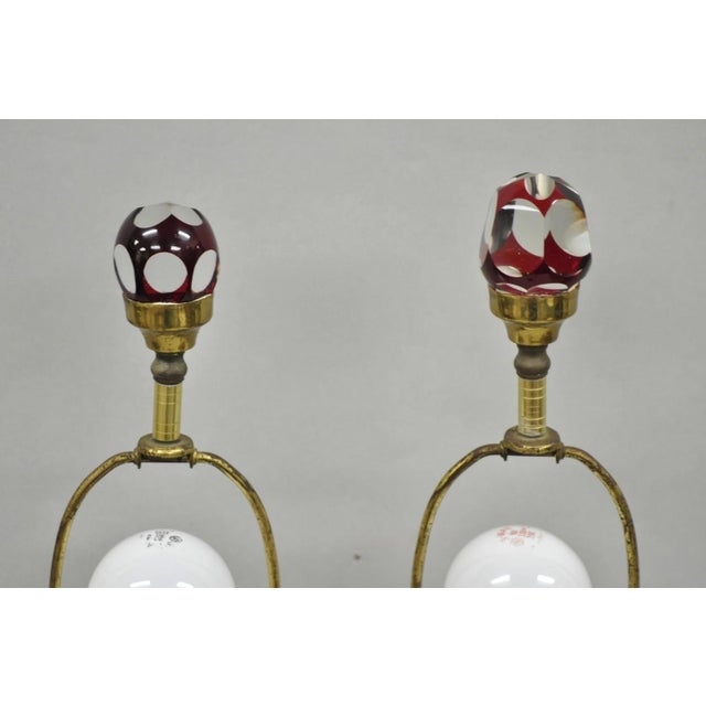 Early 20th Century Antique Bohemian Cranberry Ruby Red Cut to Clear Glass Table Lamps - A Pair For Sale - Image 5 of 12