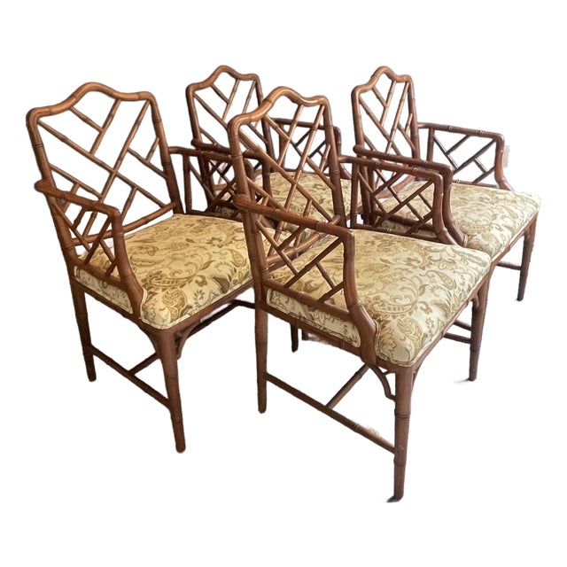 Set of 4 Vintage Faux Bamboo Chippendale Style Armchairs For Sale