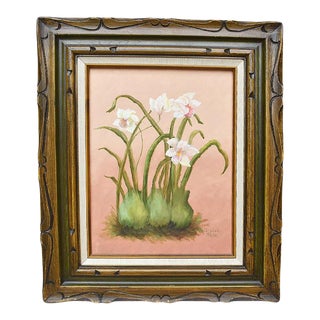 Oil on Canvas Floral Orchid Painting on Pink Background by Elaine Park For Sale