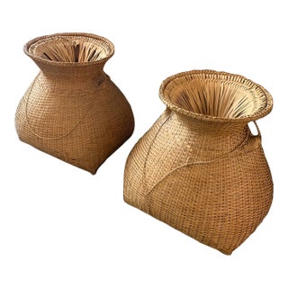 Rare Vintage Pair Oversized Woven Wicker Asian Fishing Baskets For Sale