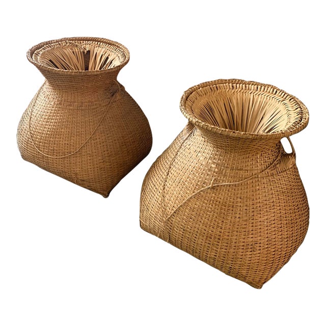 Rare Vintage Pair Oversized Woven Wicker Asian Fishing Baskets For Sale