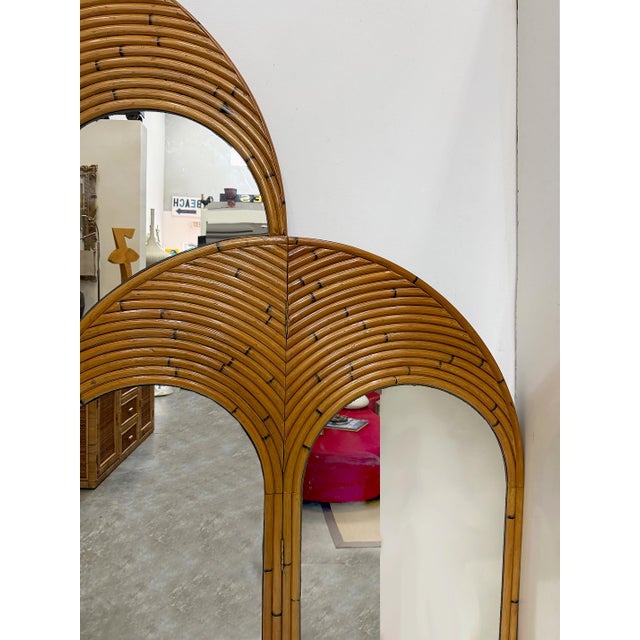 Vintage Crespi Style Rattan and Mirror Folding Arch Screen, 3 Panels For Sale In Miami - Image 6 of 7