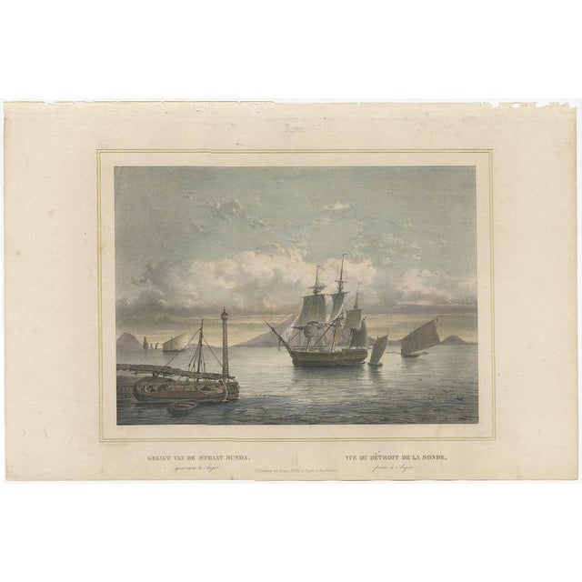 Antique print titled 'Gezigt van de Straat Sunda - Vue du Détroit de la Sonde'. Old print with a view of the Sunda straits...