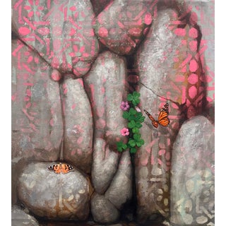 The Gold in the Cave of Gadara by Ifeoluwa Alade | Acrylic and glow in the dark medium on canvas depicting butterflies and rocks. For Sale