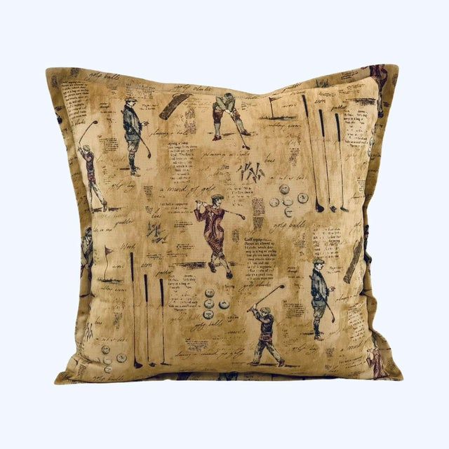 2020s Designer P Kaufmann Blue Brown Berry Gold Green "Round of Golf" Country Club Golfing Pillow Covers- 19" Pair For Sale - Image 5 of 7