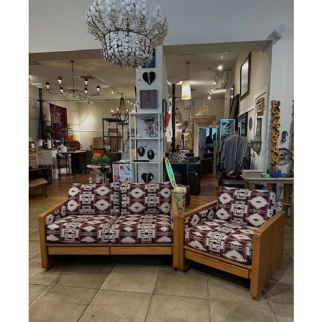 Textile Reupholstered MCM Oak Loveseat and Chair Set For Sale - Image 7 of 7