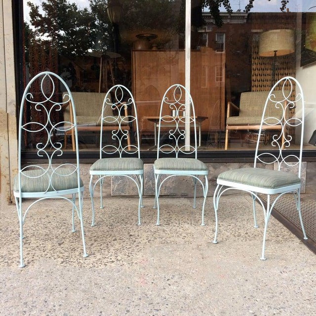 Hollywood Regency Mid Century High Back Wrought Iron Patio Garden Dining Chair Set- 4 Pieces For Sale - Image 3 of 7