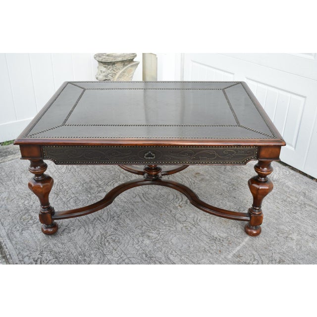 Vintage Theodore Alexander Brass Embossed Regency Style Cocktail Table W/Leather For Sale In Philadelphia - Image 6 of 13