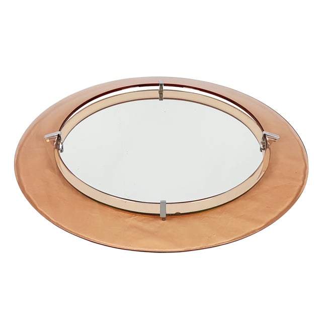 Glass Round Salmon Glass Wall Mirror from Cristal Art, 1960s For Sale - Image 7 of 12