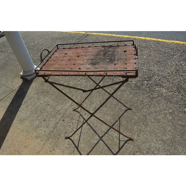 Rustic European Vintage Lattice Tray Top Folding Rustic Iron Table For Sale - Image 3 of 11