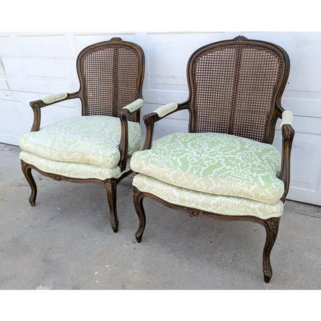 French Pair of Vintage French Louis XV Style Carved Wood & Cane Fauteuil Armchairs For Sale - Image 3 of 7