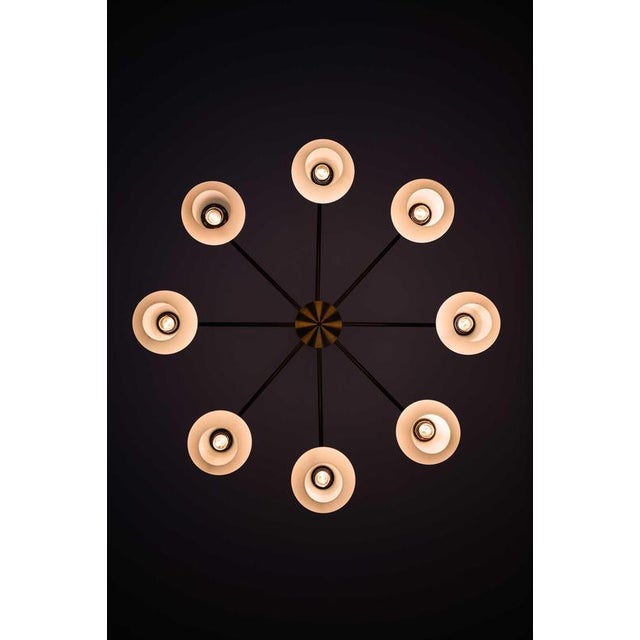Scandinavian Modern Chandelier in Brass and Opaline Glass, 1950s For Sale - Image 6 of 11